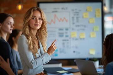 Confident woman leading team presentation in office, pointing at screen with charts and sticky notes in a focused collaborative meeting