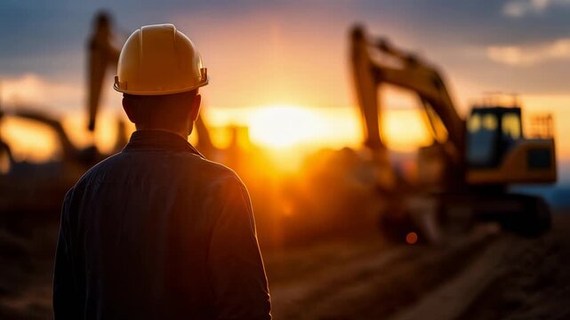 Construction worker observing sunset with heavy machinery in background, inspiring hard work and dedication