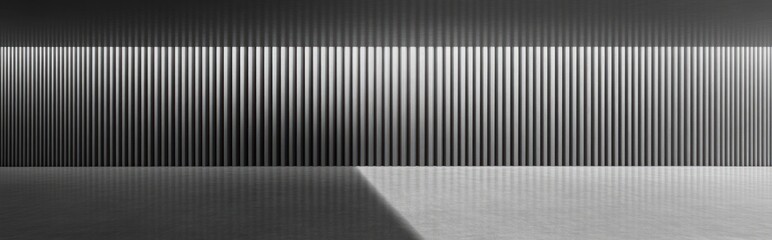 Empty minimalist interior with tall vertical slatted wall, narrow horizontal band of light and a sharp diagonal shadow across a reflective concrete floor, serene austere mood
