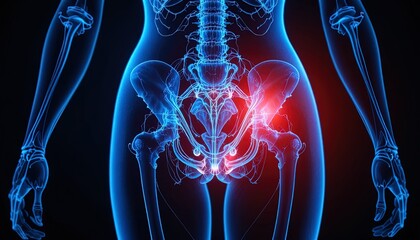 Human skeleton with highlighted hip and lower back pain