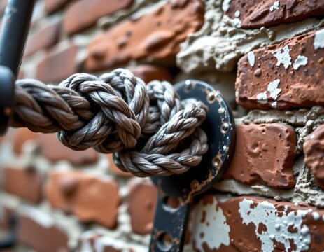 Weathered Steel Cable and Plex Knot Against Brick Wall