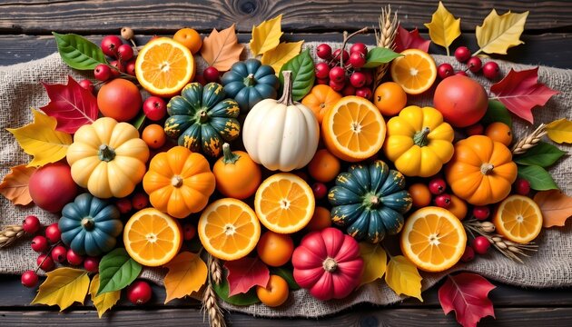 Autumn Harvest Flat Lay with Gourds and Fall Boli
