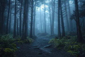 Fototapeta premium Misty moss-covered forest with tall tree trunks framing a central deep blue gradient panel, evoking a moody, mysterious twilight atmosphere