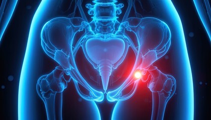 Human pelvis with highlighted hip joint pain