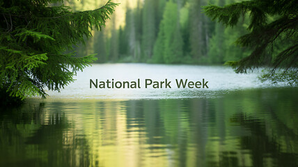 National Park Week celebration with a serene forest lake scene reflecting trees and greenery