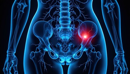 Human body with highlighted hip joint and glowing red pain point