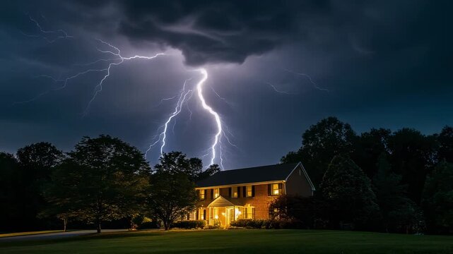 Beautiful lightning storm over a cozy brick house illuminated at night, perfect for weather photography