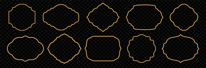 Golden frames set in oriental style. 3d Islamic ornamental border, Indian decorative element, Arabians shape. Vector for Ramadan greeting card, design certificate, badge, vignette, stamp, award, label