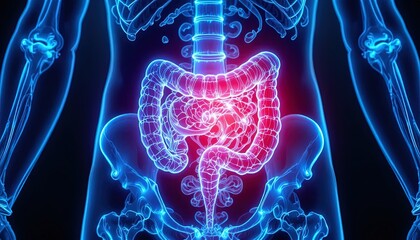 Medical illustration of a human abdomen showing the colon, bones, and surrounding structures. The colon is highlighted in red, indicating inflammation or other abnormalities.