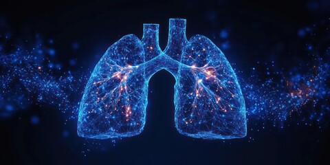 glowing digital wireframe lungs with branching airways, pulsing orange nodes and drifting neon particles evoking futuristic medical wonder