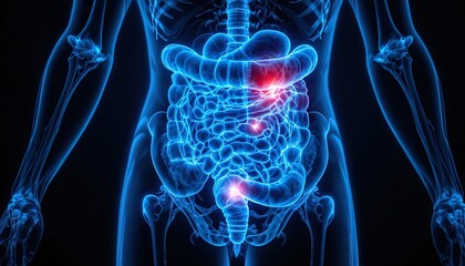 Human digestive system with highlighted areas of pain or inflammation