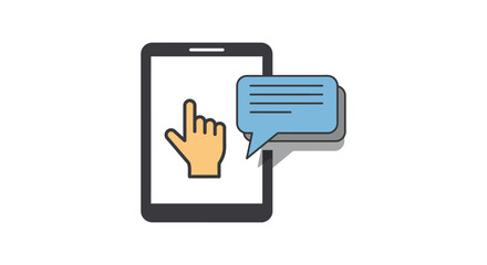 mobile chat app illustration with hand tapping on smartphone screen and text message bubble icon concept for online communication
