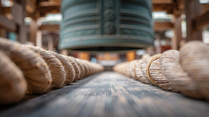 Dramatic low-angle long exposure of Joya no Kane ceremony featuring a blurred wooden rammer and ropes striking a sharp, ornate bronze temple bell with aged patina and sacred textures