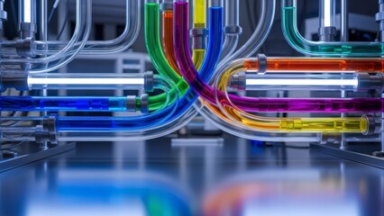Abstract Colorful Liquid Flowing Through Transparent Tubes in Futuristic Laboratory.