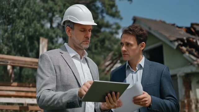 Professional men assessing damage at a construction site with a damaged building