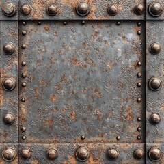 Fototapeta premium rusted riveted metal plate with corroded textured surface and bolted border conveying a rugged weathered industrial mood