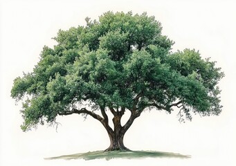 Obraz premium Large solitary tree with wide green canopy and sturdy trunk standing on a small grassy patch against a pale background, conveying serenity, calm and a majestic presence