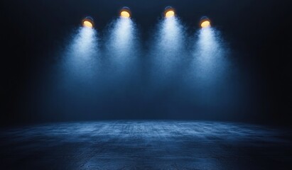 Fototapeta premium Empty dark stage bathed in four blue spotlight beams and drifting fog, textured floor illuminated, creating a dramatic, mysterious, anticipatory atmosphere