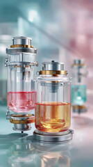 Futuristic laboratory samples transparent vessels reveal colorful liquid. Science research and technology advance chemical experiment discovery