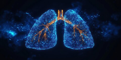 Glowing digital lungs with illuminated orange bronchi and blue network mesh floating in dark space, evoking futuristic medical innovation and vital breath