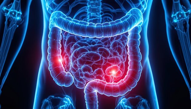 Human digestive system with inflamed colon and intestines