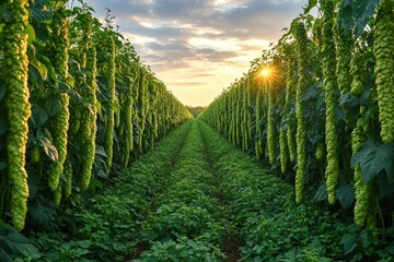 Sunset over symmetrical rows of lush hop vines with dangling green cones and a grassy central path, serene golden light and peaceful countryside