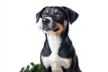 close-up portrait of a tricolor dog sitting on a white background with a small green plant, looking up with an attentive hopeful expression