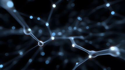 Neural Network: Close-up abstract illustration of a neural network, showcasing interconnected nodes. Focus on science and technological advancement.
