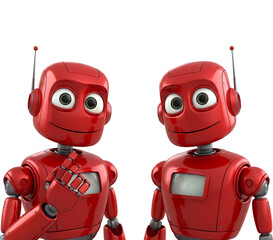 赤いロボット、二体並ぶ、未来的なデザイン