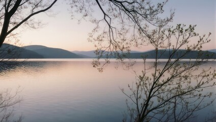 Serene lake view with trees and mountains at sunset.