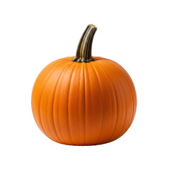 Obraz premium A perfectly round, ripe orange pumpkin with prominent ridges and a short dark brown stem, on a sterile pure bright white background with subtle shadow and copy space, autumn harvest abundance concept