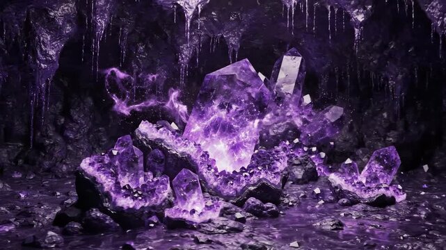 Vibrant purple amethyst crystal formation glowing with ethereal light within a dark, mysterious cavern.