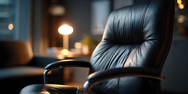 Sleek black leather executive office chair positioned in center of dimly lit modern office with blurred background and warm lamp glow.