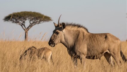 Fototapeta premium Wildebeest grazing in the vast African savanna with an acacia tree.