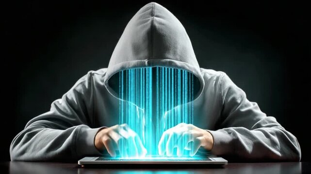 Cyber Intruder: A mysterious figure shrouded in a hooded sweatshirt, their hands deftly navigating a digital tablet, symbolizing the stealthy infiltration of cyber space.