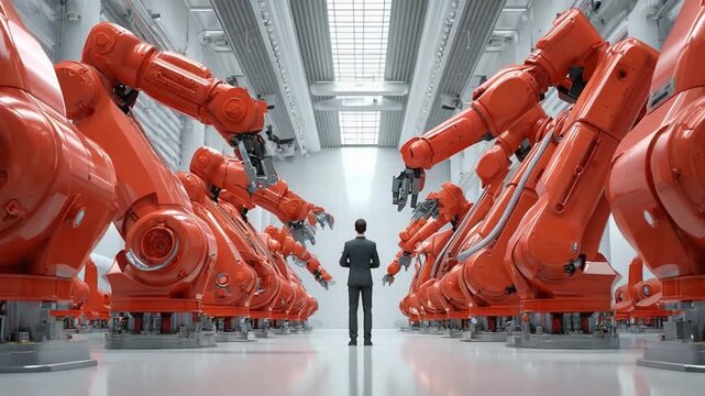 Industrial Automation: A lone figure stands amidst a regiment of industrial robots in a modern factory setting. The image evokes a sense of futuristic innovation. 