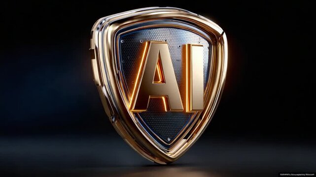 AI Shield Emblem: A modern representation of AI technology, a metallic emblem combines a shield and glowing letters, symbolizing security and innovation in artificial intelligence.