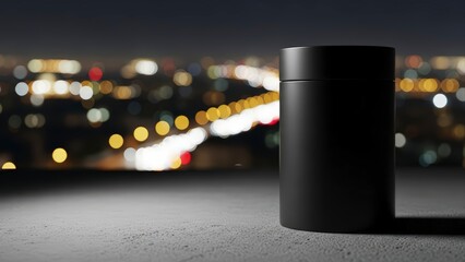Sleek black cylindrical object on a ledge with a blurred city lights background at night.