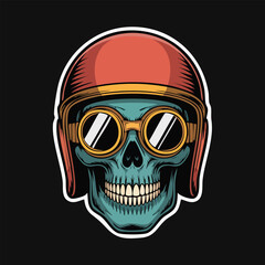 Graphic skull wearing helmet and goggles illustration.