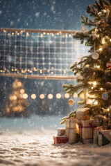 Christmas tree closeup with gifts on snowy volleyball court, volleyball net in background. Concept of resting basketball sport during Christmas time.