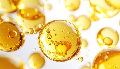 Macro View Of Golden Cosmetic Oil Droplets And Serum Bubbles In Liquid