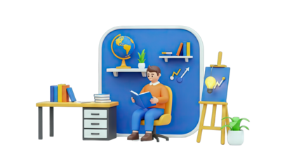 3D Render of a Man Reading in a Study Room