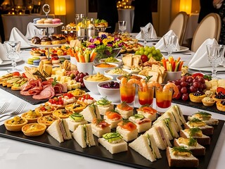 A vibrant catering spread featuring mini sliders, caprese skewers, and fresh fruit platters for a professional event or party
