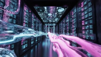 Abstract neon data streams flowing through a futuristic server room, symbolizing digital information transfer and connectivity. - Powered by Adobe