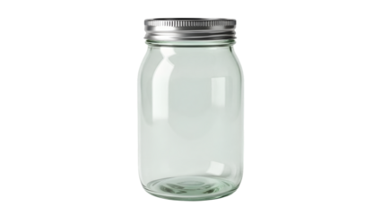 Clear glass jar with silver lid isolated on transparent background