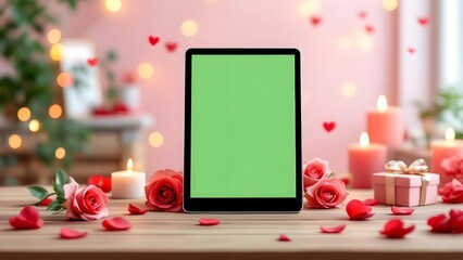 Valentine&rsquo;s Day Tablet Mockup with Green Screen, Romantic Roses and Candle Background