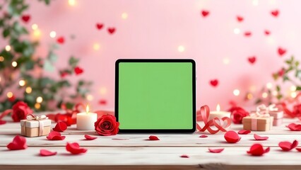 Valentine&rsquo;s Day Tablet Mockup with Green Screen, Romantic Roses and Candle Background