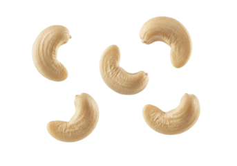 Four plump, perfectly peeled light beige cashew nuts floating in a dynamic composition against a pristine, seamless transparent background, macro shot with diffused studio lighting, concept of healthy