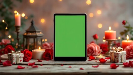 Valentine&rsquo;s Day Tablet Mockup with Green Screen, Romantic Roses and Candle Background
