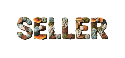 キノコで作られた単語「売り手」カラフルな装飾